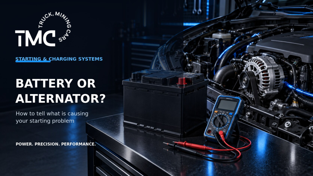 Car battery, alternator and multimeter in a premium auto-electrical workshop setting