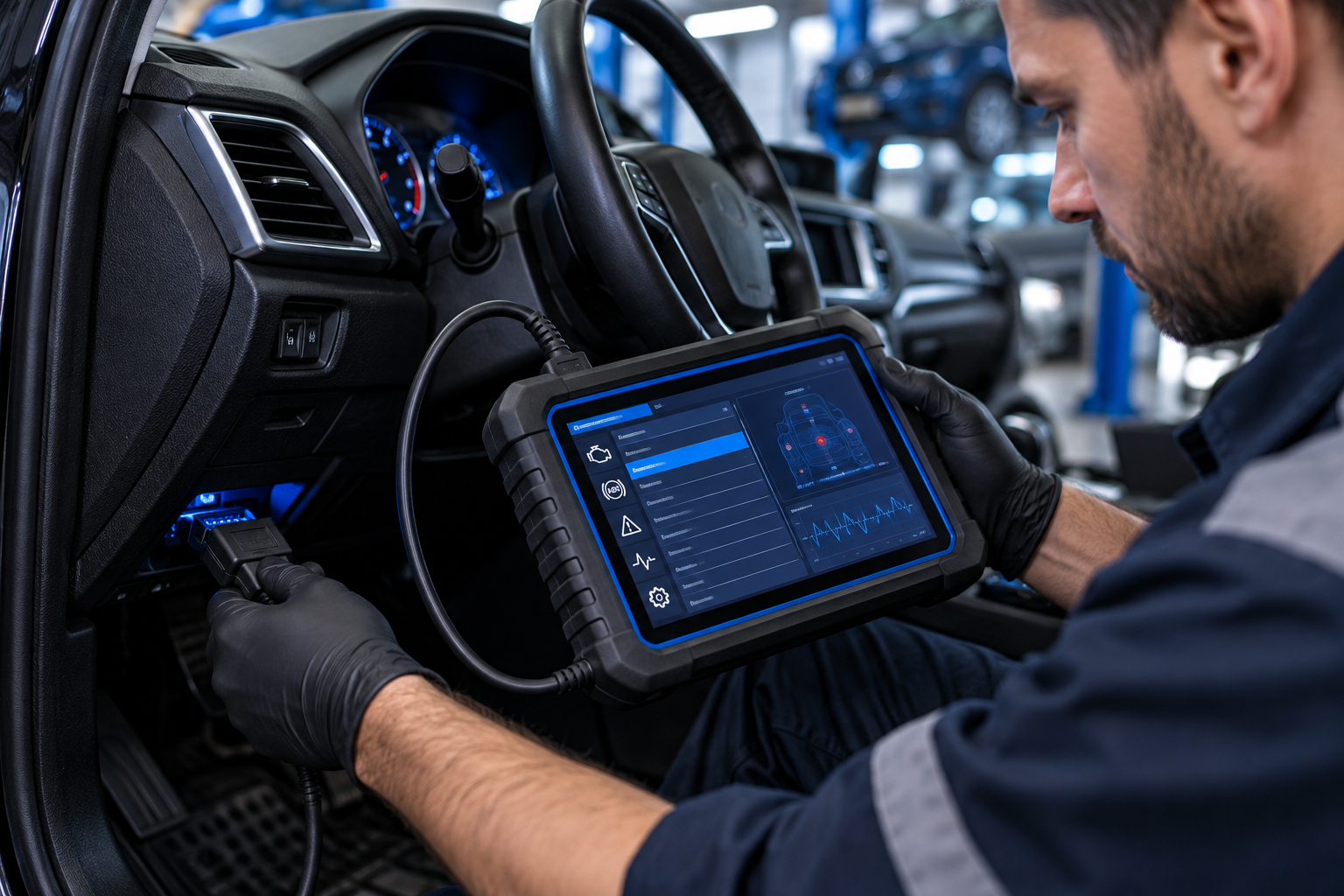 Professional technician connecting a diagnostic scanner to a vehicle