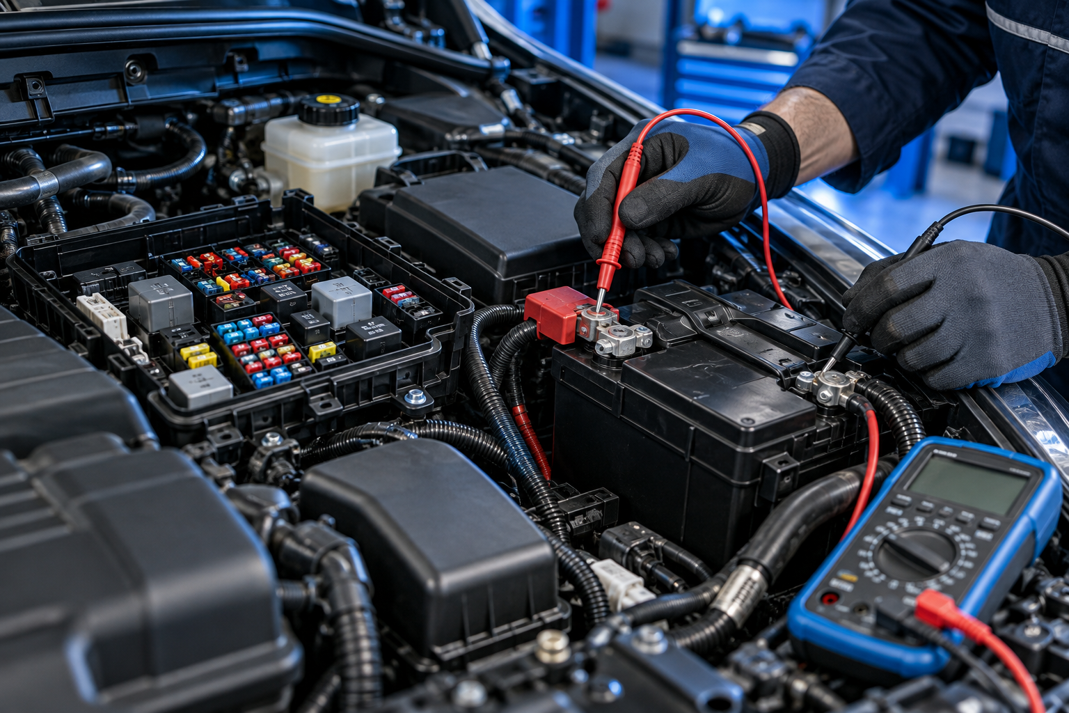 Auto electrician inspecting a vehicle fuse box and battery connections before a trip